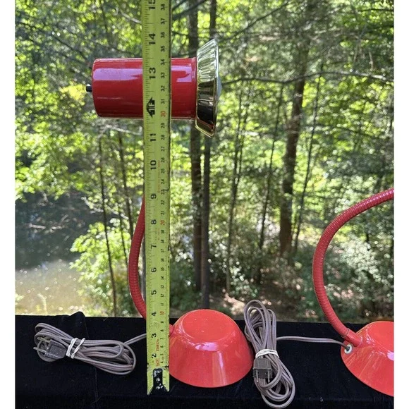 2 Mid Century Underwriters Laboratories Inc Vintage Red & Gold Gooseneck Lamps Home